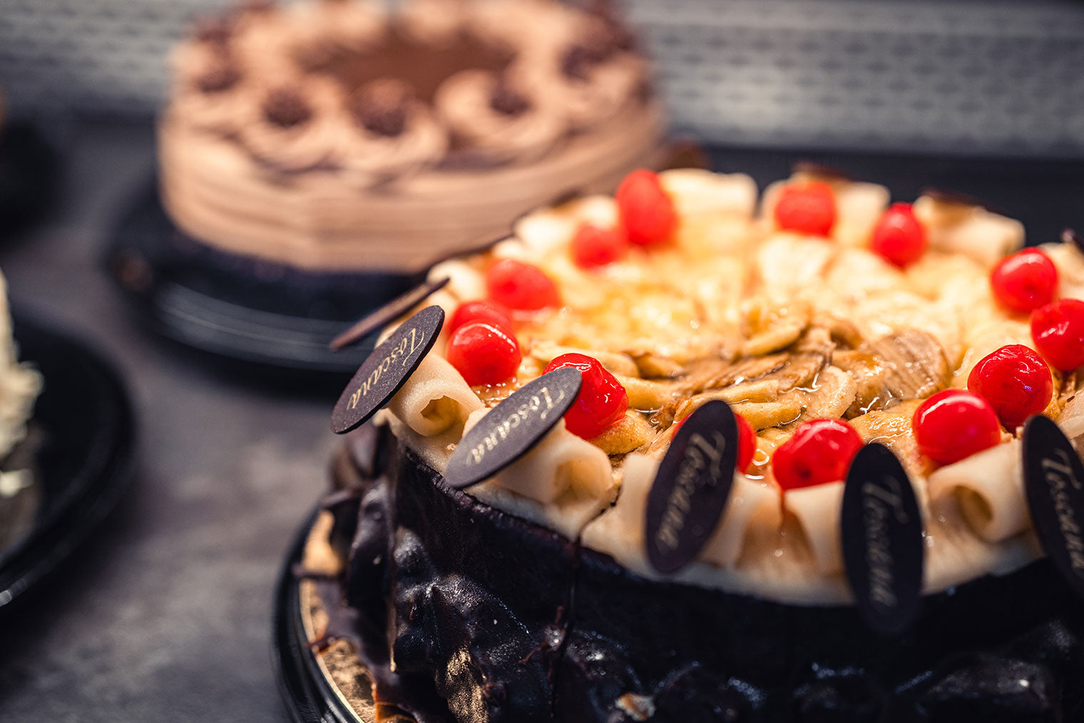 2 Torten (scharf und unscharf), auf grauem Untergrund